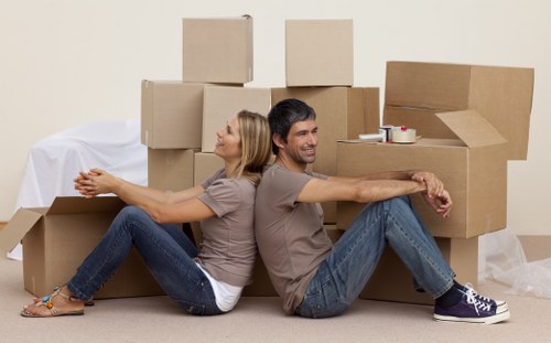 Planned office relocation in Watford with labelled boxes and workstations